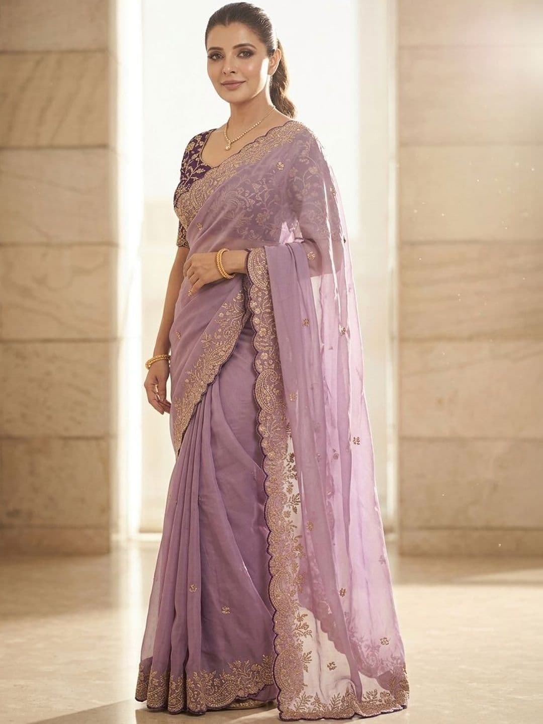 Sangria Geometric Embroidered Saree With Blouse Piece thumbnail 5