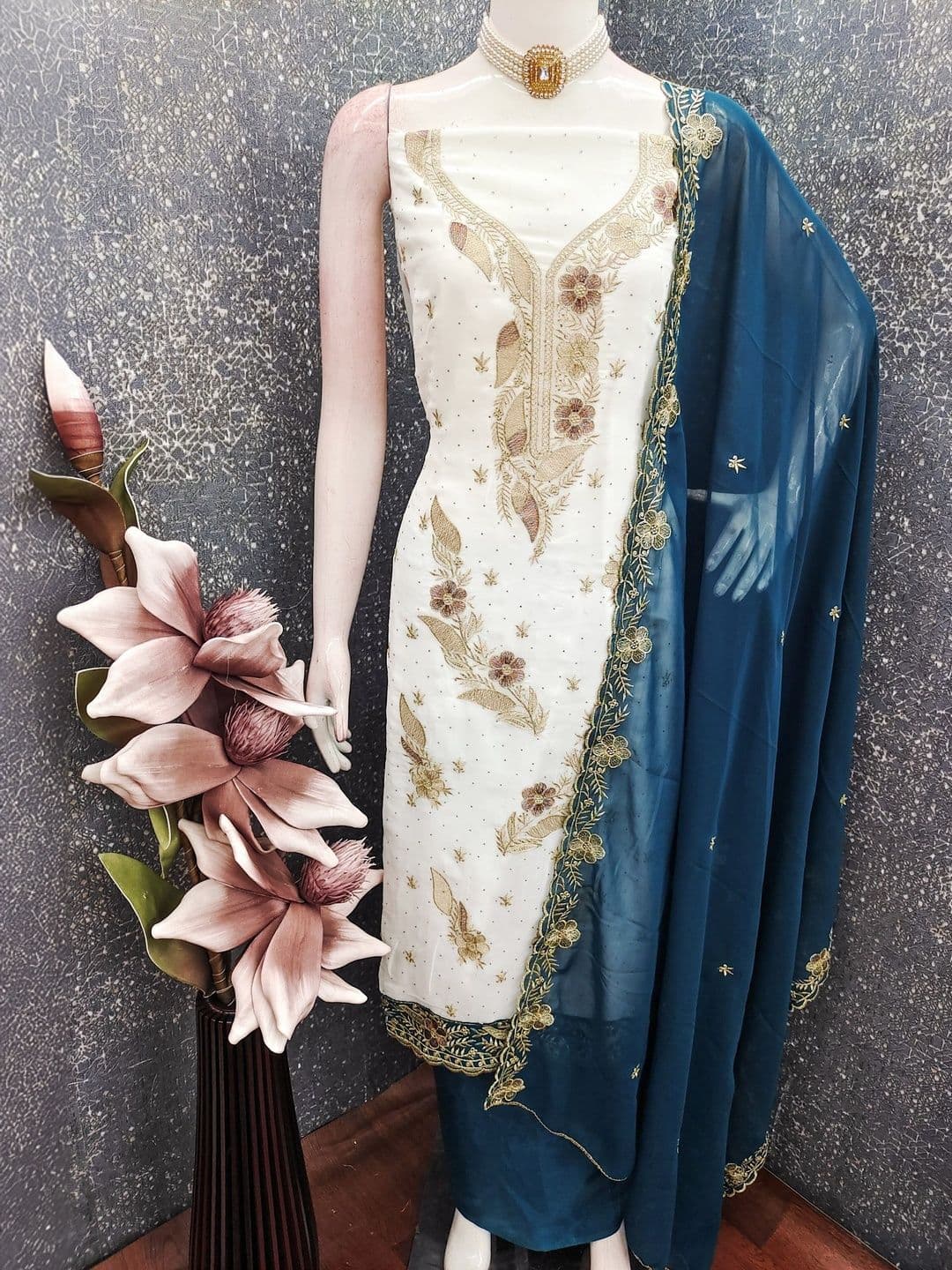 Rangtulika Ethnics Floral Embroidered Thread Work Unstitched Dress Material thumbnail 2