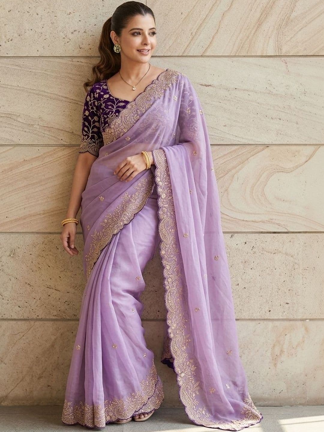 Sangria Geometric Embroidered Saree With Blouse Piece thumbnail 3