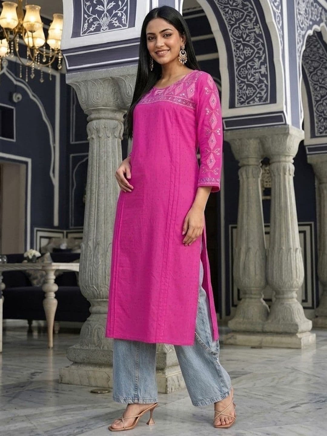 Varanga Women Ethnic Motifs Embroidered Daily Cotton Straight Kurta thumbnail 7