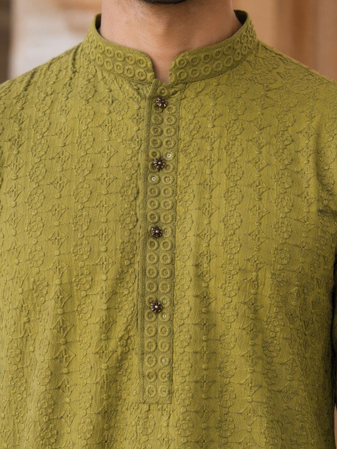 House of Pataudi Woven Design Mandarin Collar Chikankari Straight Kurta thumbnail 3