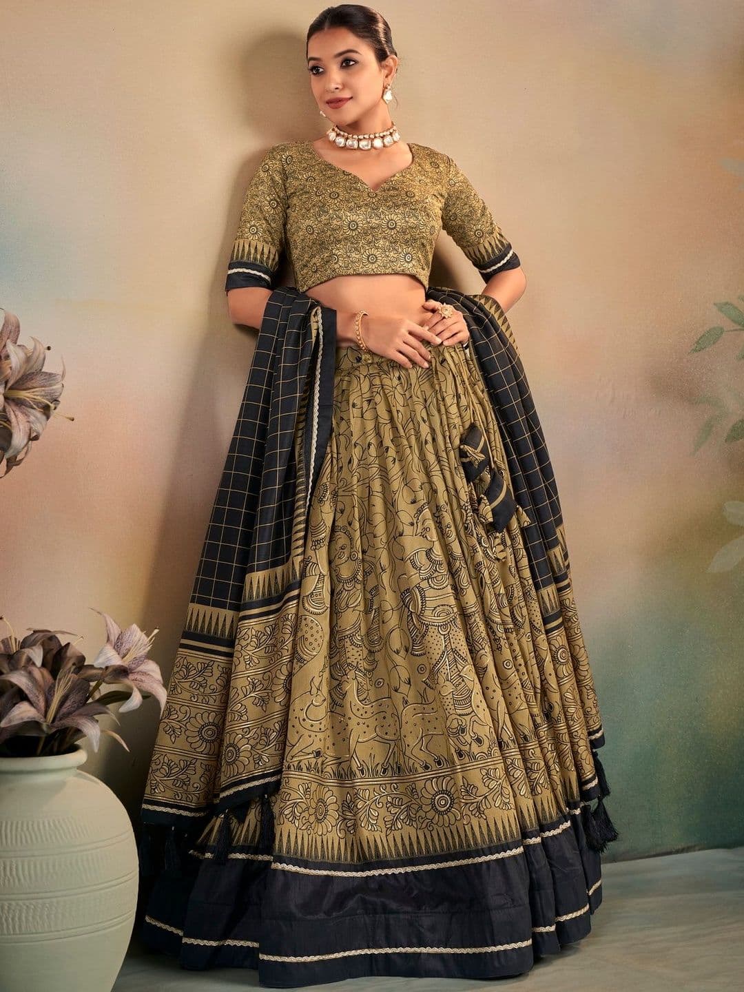 SOURAGYA Embroidered Kalamkari Semi-Stitched Lehenga & Blouse With Dupatta - view 1
