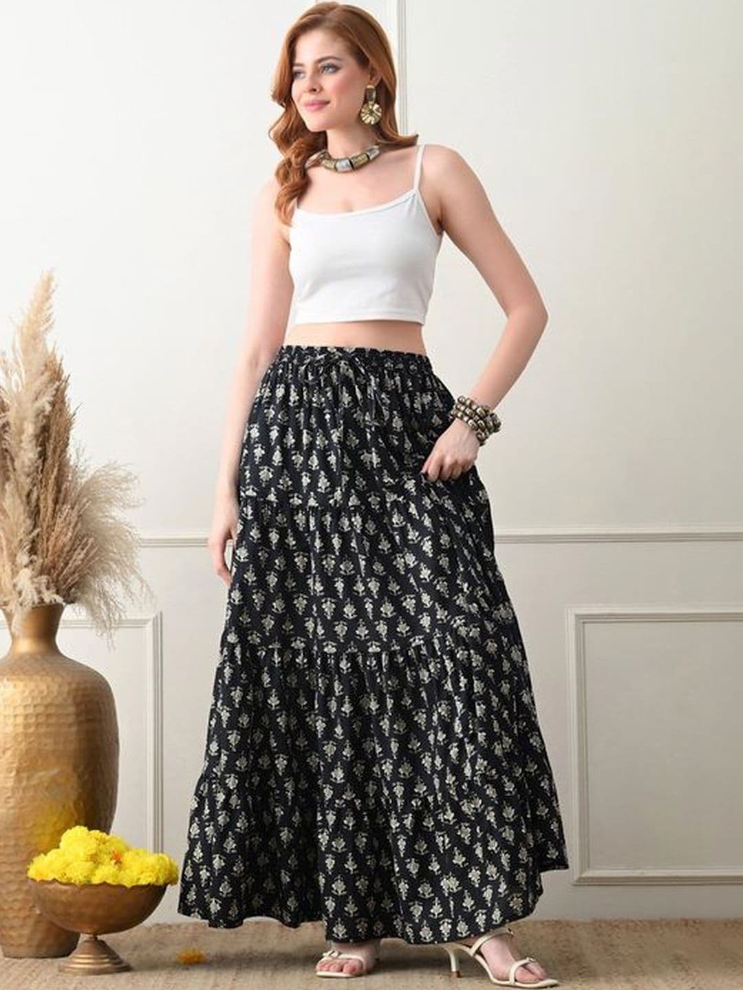 MFGIVA Women Cotton Floral Tiered Maxi Tiered Skirt - view 1