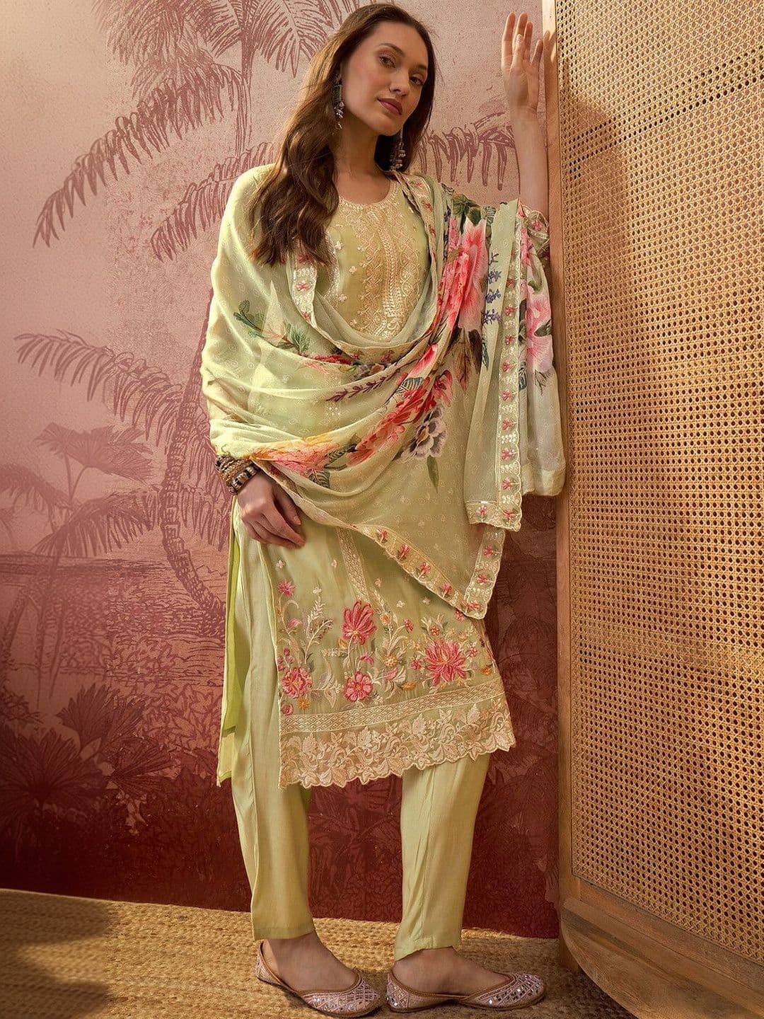 Sangria Embroidered Round Neck Kurta & Trousers With Dupatta thumbnail 2