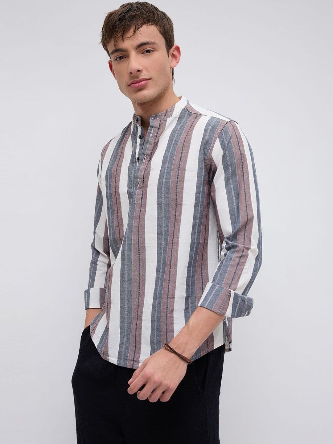 VASTRADO Refined White & Grey Broad Striped Kurta thumbnail 7