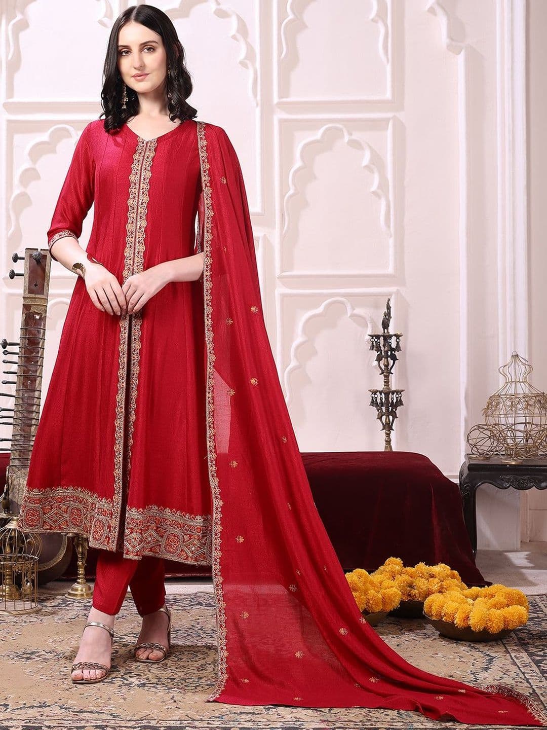 Berrylicious Women Ethnic Motifs Embroidered Panelled Thread Work Kurta with Trousers & With Dupatta - view 1