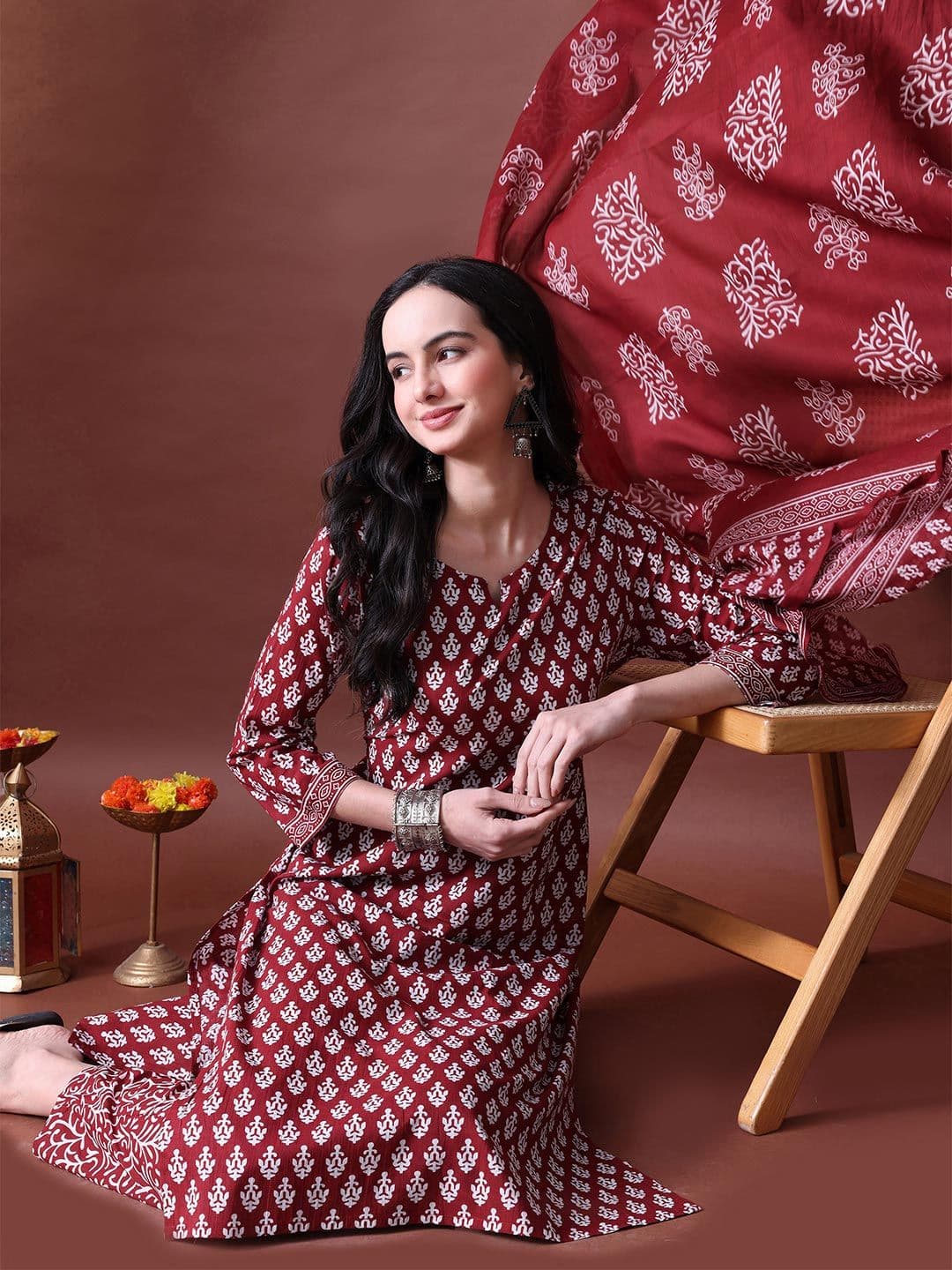 MEERA FAB Women Maroon Floral Printed Regular Thread Work Pure Cotton Kurta with Trousers & With Dupatta - view 1