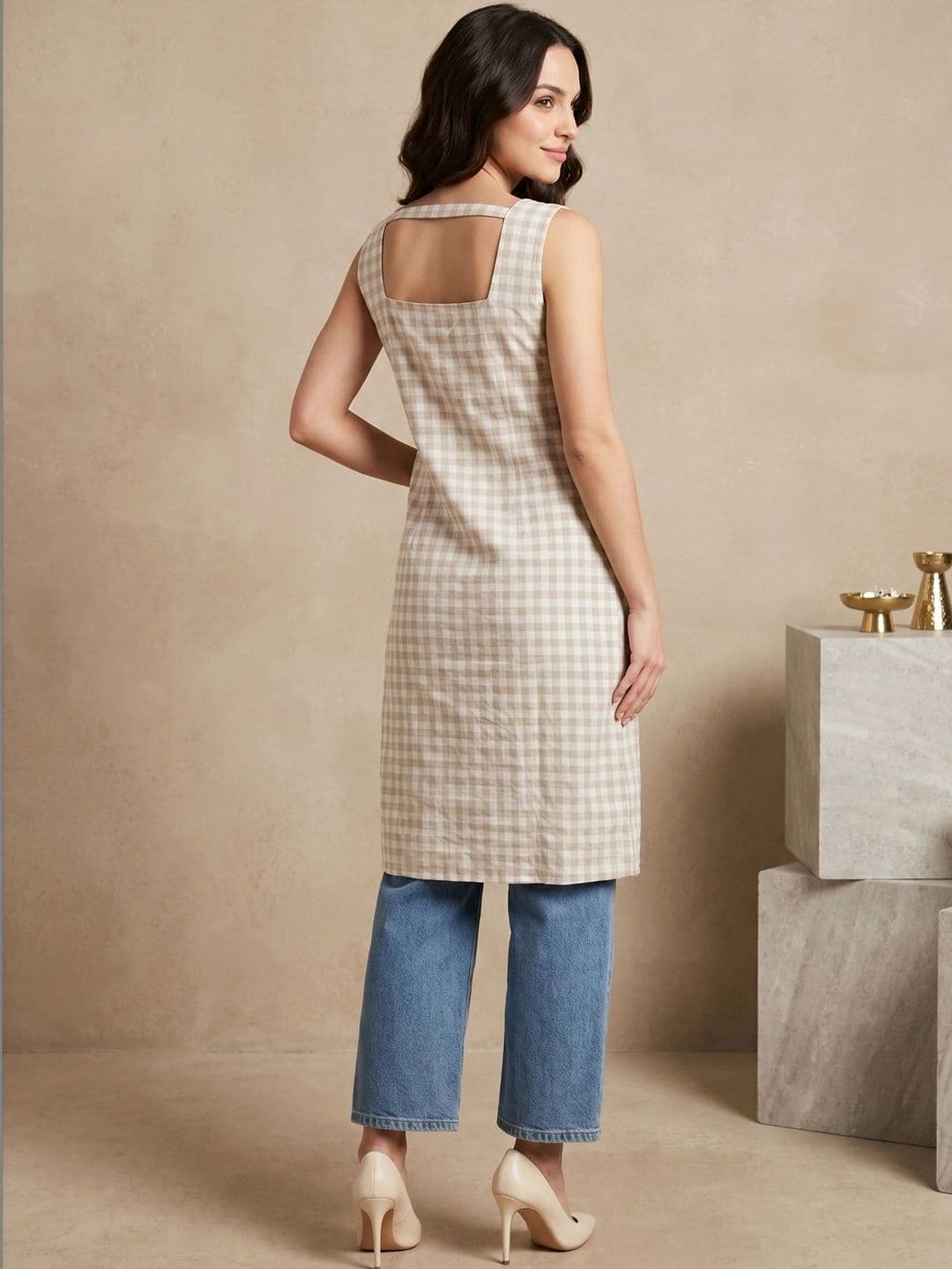 Anouk Rustic Women Gingham Check Printed Square Neck Sleeveless Straight Kurta thumbnail 3