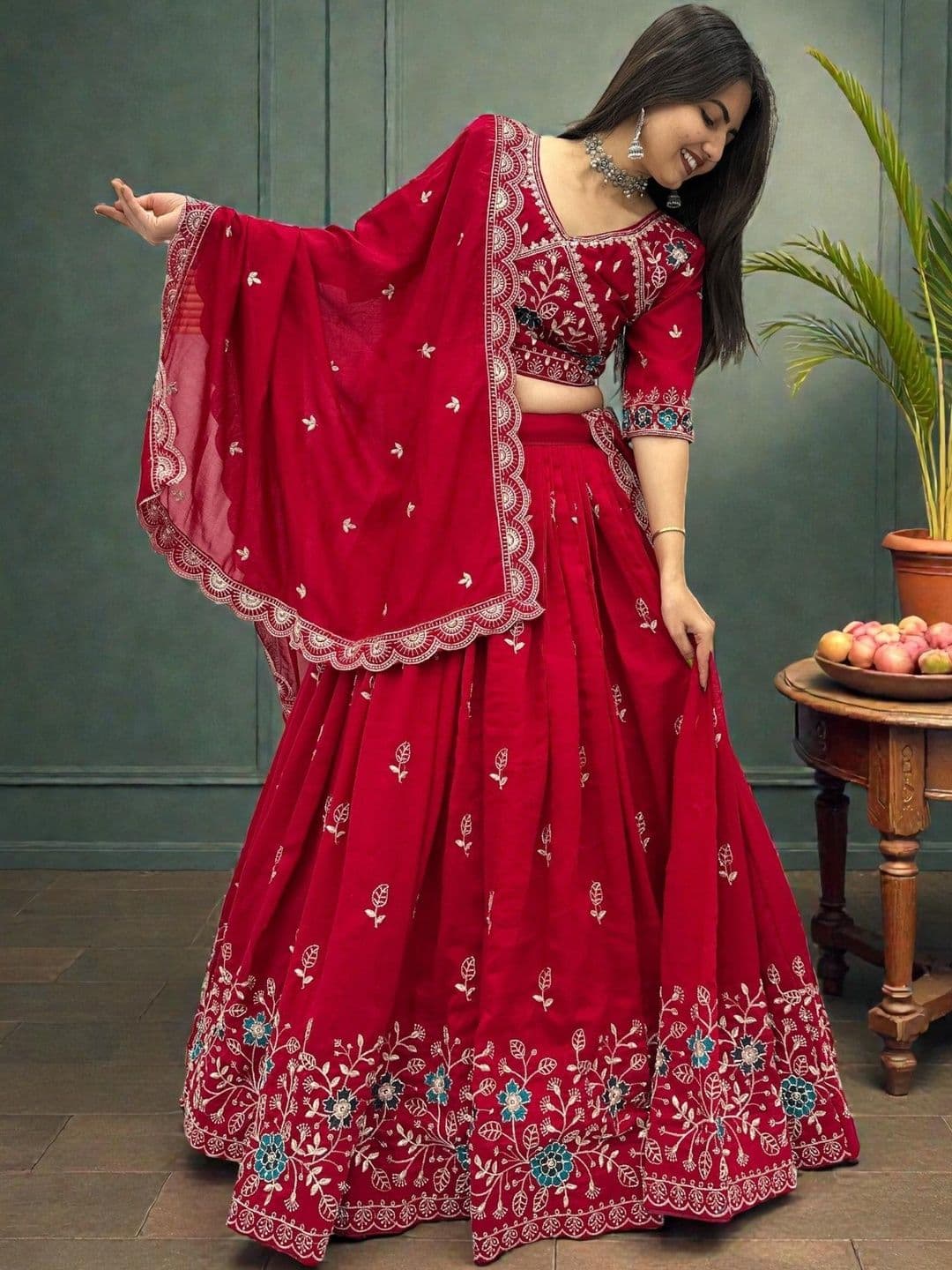 all about you Embroidered Thread Work Semi-Stitched Lehenga & Blouse With Dupatta - view 1