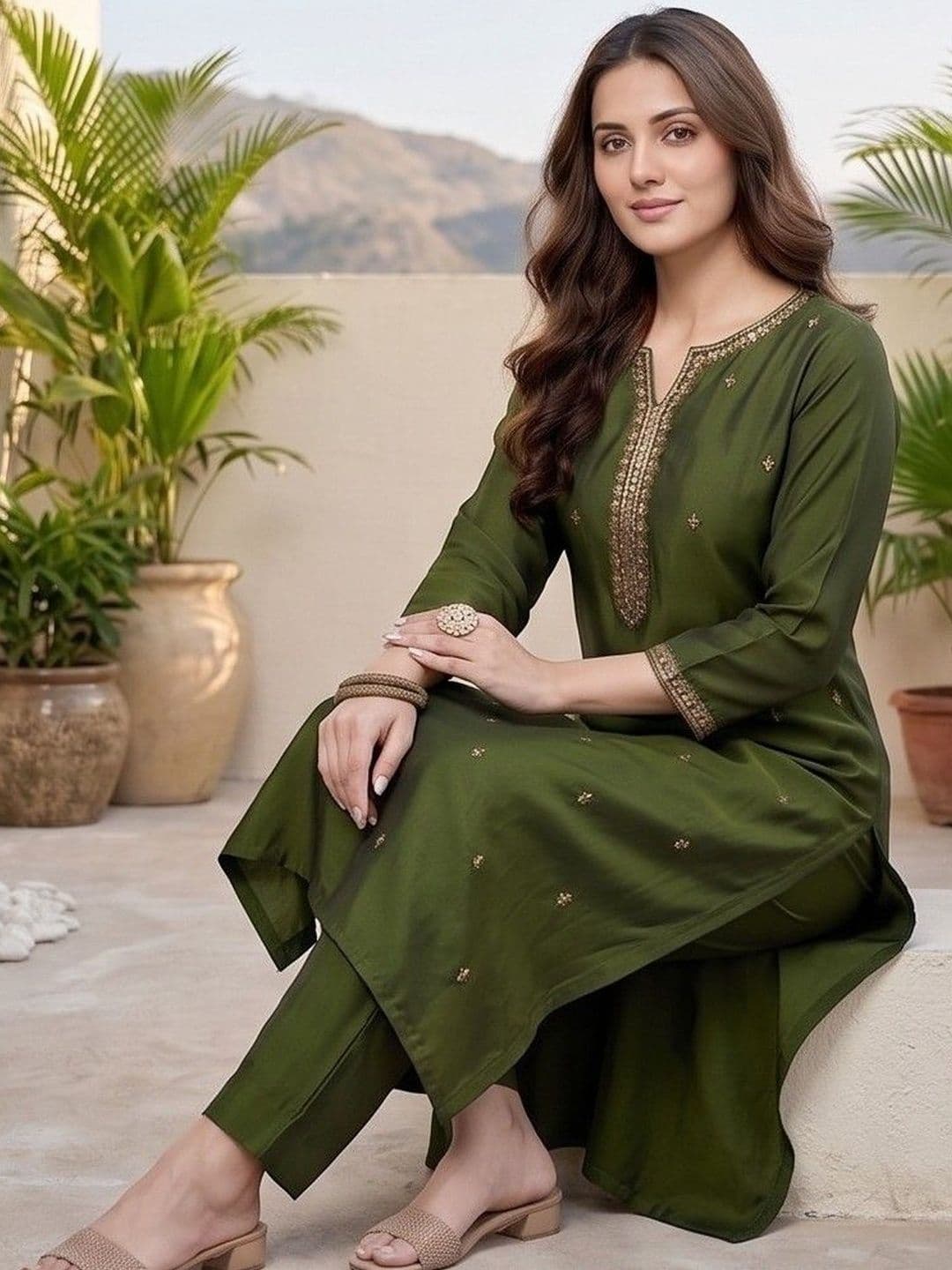 Varanga Women Ethnic Motifs Embroidered Regular Thread Work Kurta with Trousers & With Dupatta thumbnail 4