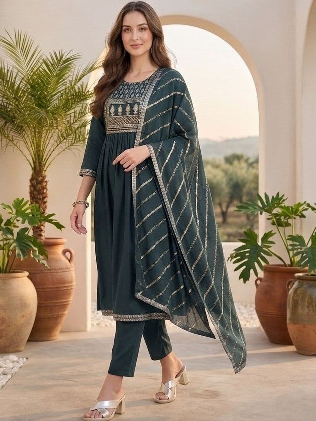 Varanga Women Ethnic Motifs Embroidered Tiered Thread Work Kurta with Trousers & With Dupatta - view 1