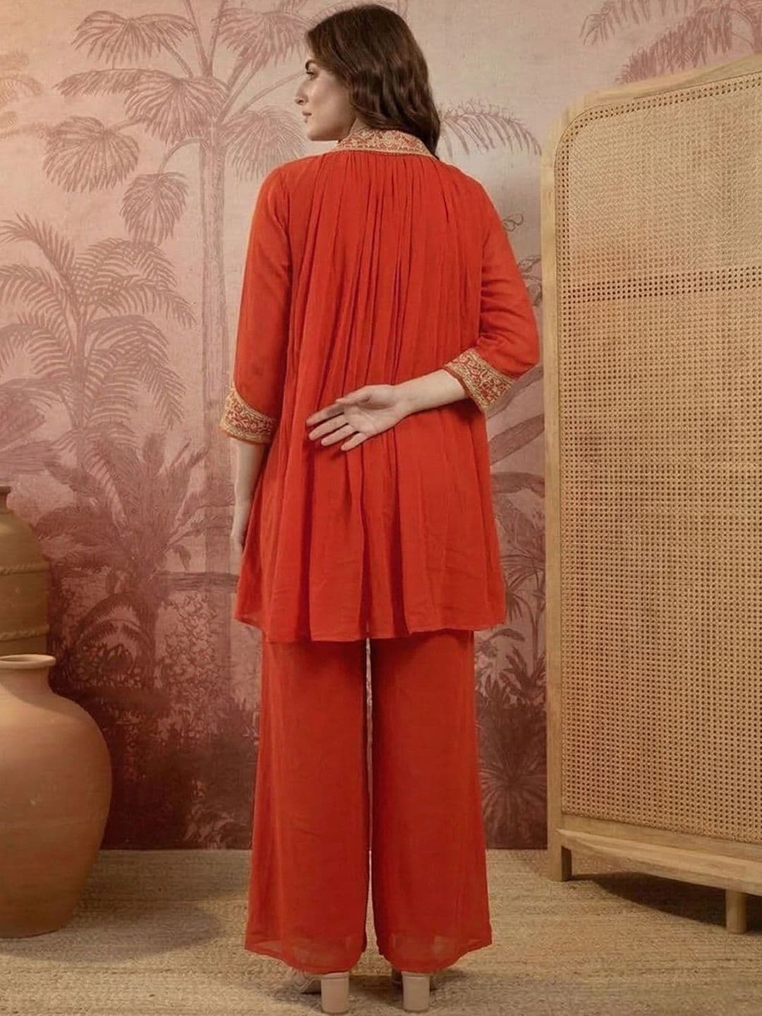 Sangria Embroidered Mandarin Collar Kurta & Palazzos thumbnail 6