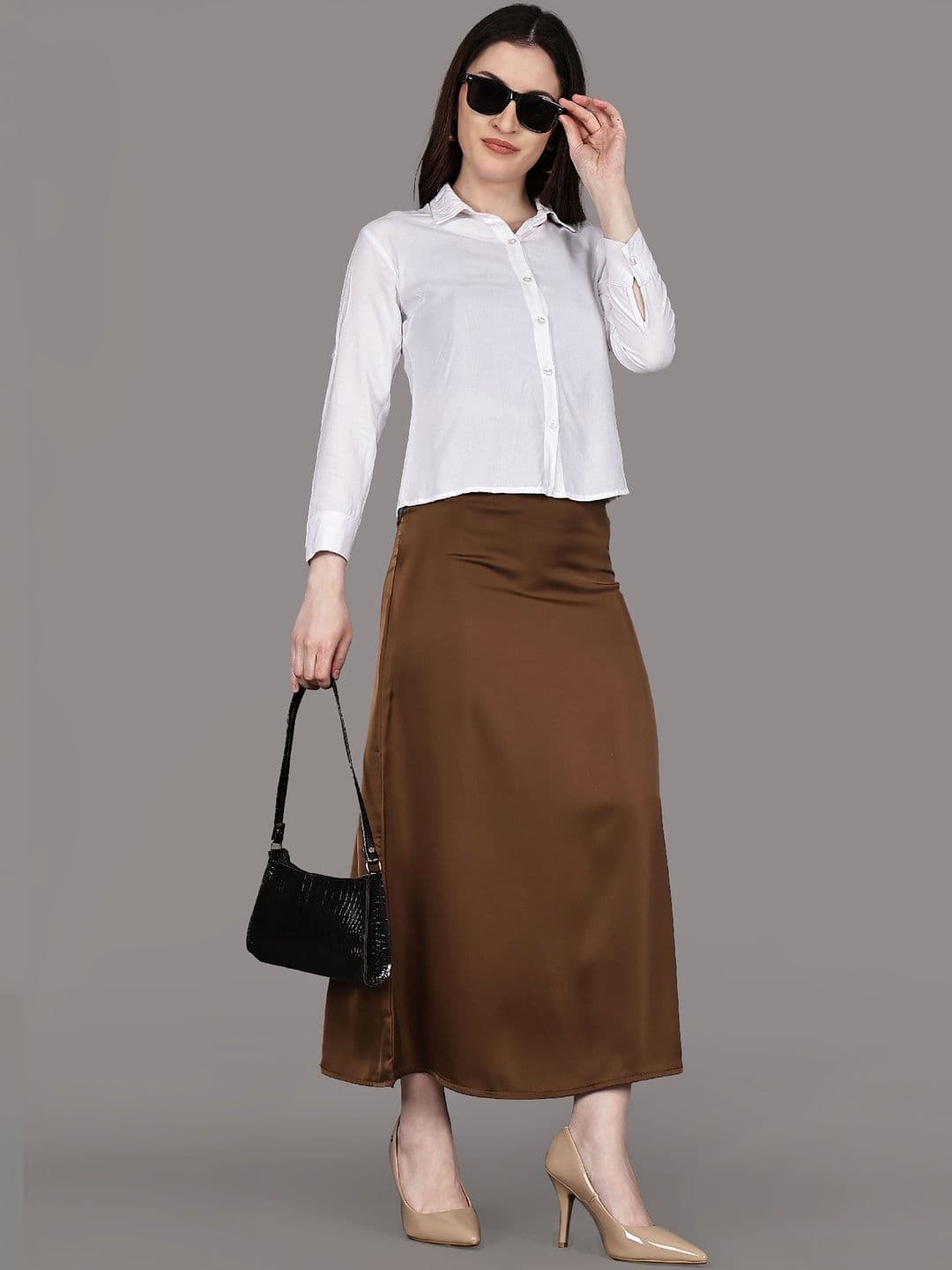 Aadvi Fashion Women Satin Korean Midi A-Line Skirt thumbnail 2
