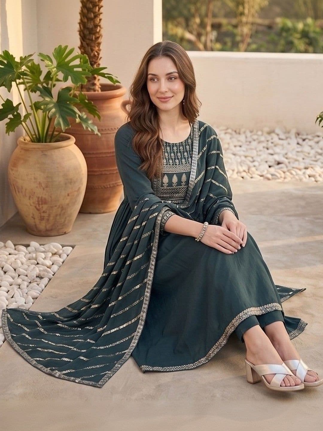 Varanga Women Ethnic Motifs Embroidered Tiered Thread Work Kurta with Trousers & With Dupatta thumbnail 6