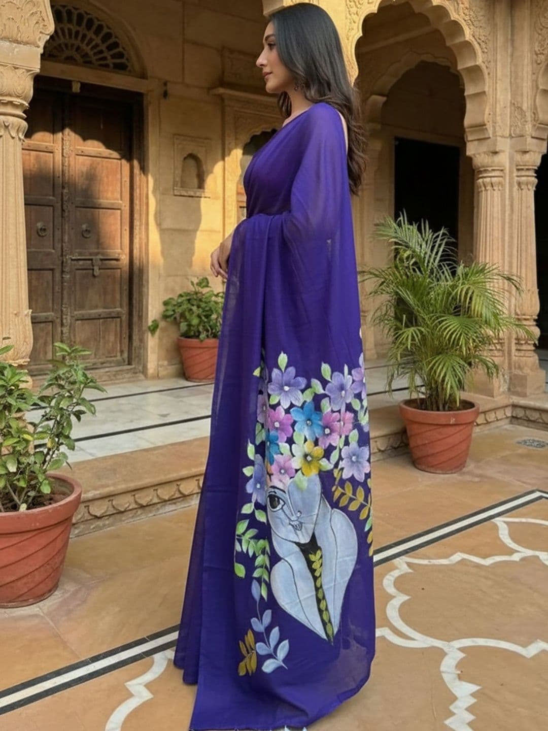 Moda Rapido Floral Linen Blend Handloom Block Print Saree thumbnail 4