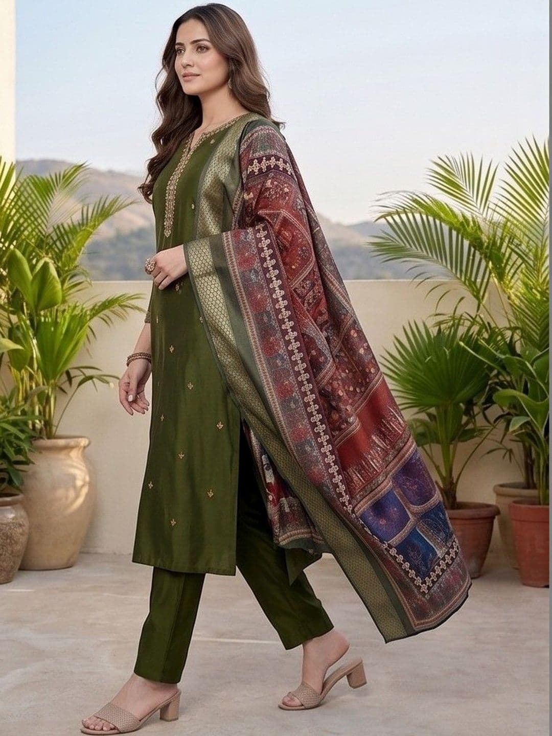 Varanga Women Ethnic Motifs Embroidered Regular Thread Work Kurta with Trousers & With Dupatta thumbnail 6