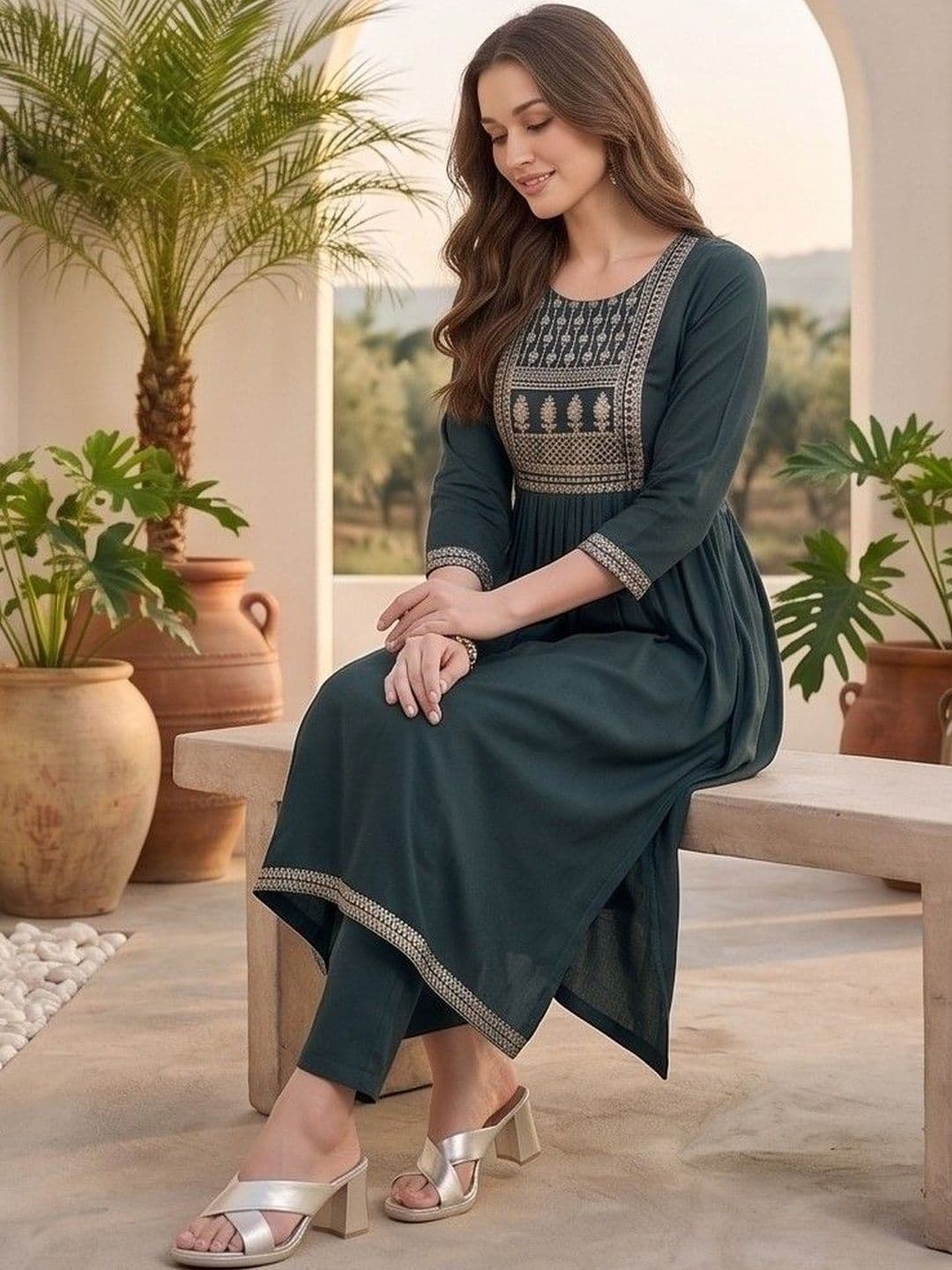 Varanga Women Ethnic Motifs Embroidered Tiered Thread Work Kurta with Trousers & With Dupatta thumbnail 3