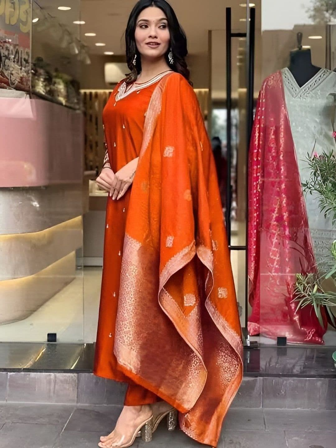 HERE&NOW Women Ethnic Motifs Embroidered Regular Thread Work Kurta with Trousers & With Dupatta thumbnail 3