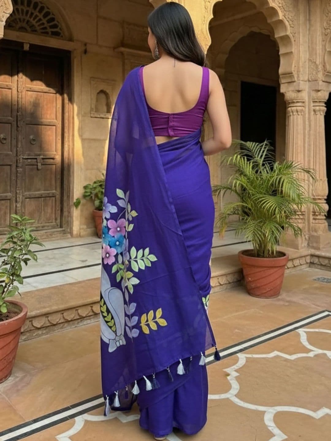 Moda Rapido Floral Linen Blend Handloom Block Print Saree thumbnail 5