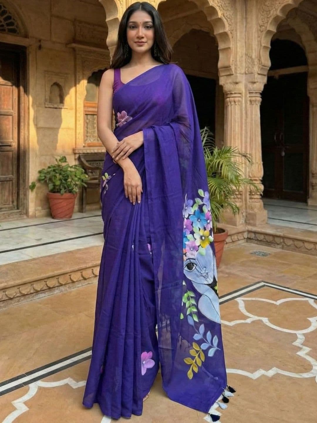 Moda Rapido Floral Linen Blend Handloom Block Print Saree - view 1