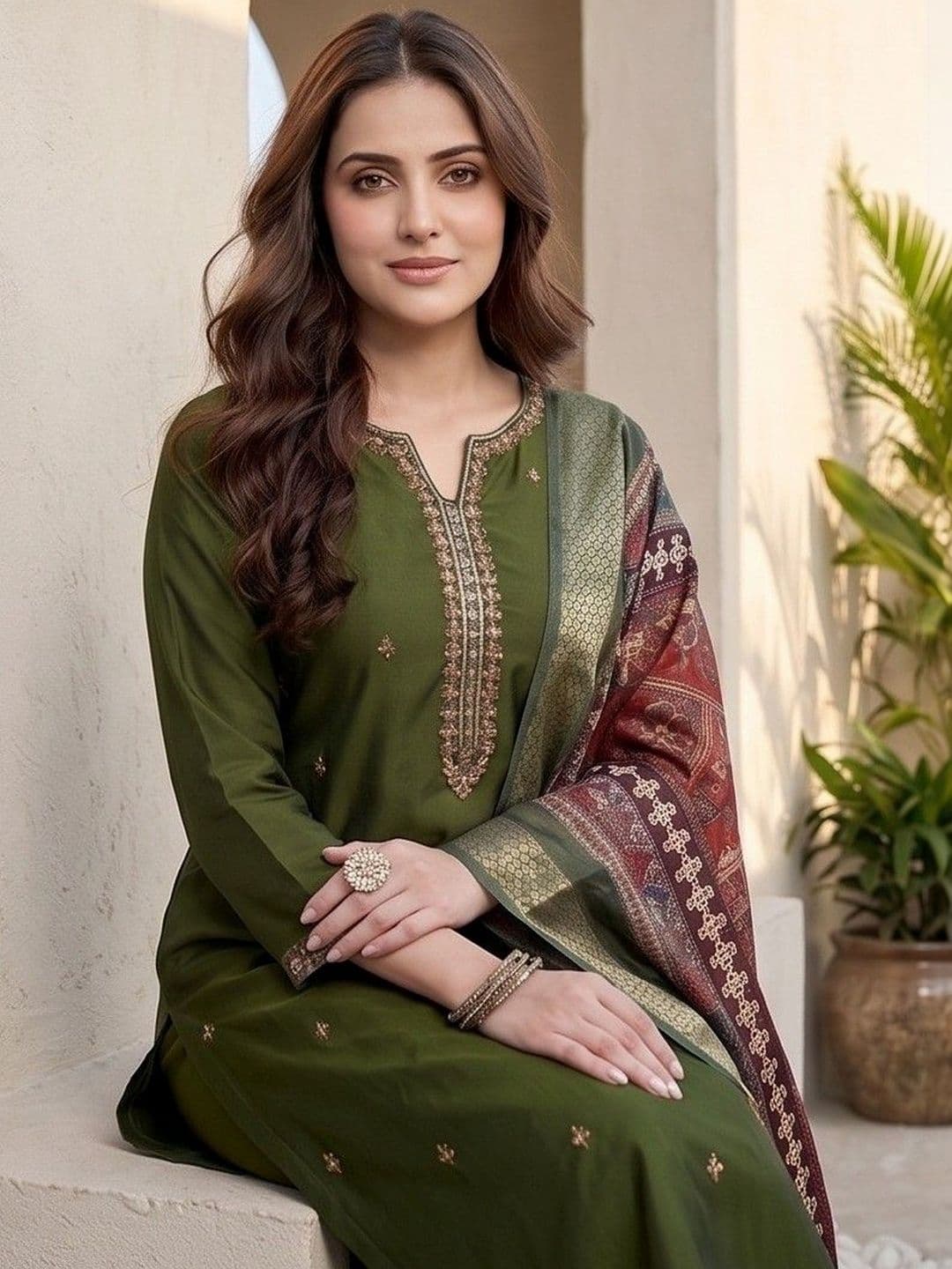 Varanga Women Ethnic Motifs Embroidered Regular Thread Work Kurta with Trousers & With Dupatta thumbnail 2