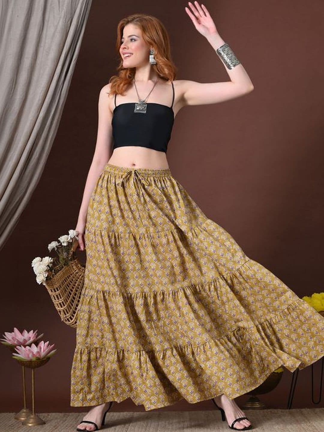 MFGIVA Women Cotton Floral Maxi Tiered Skirt thumbnail 7