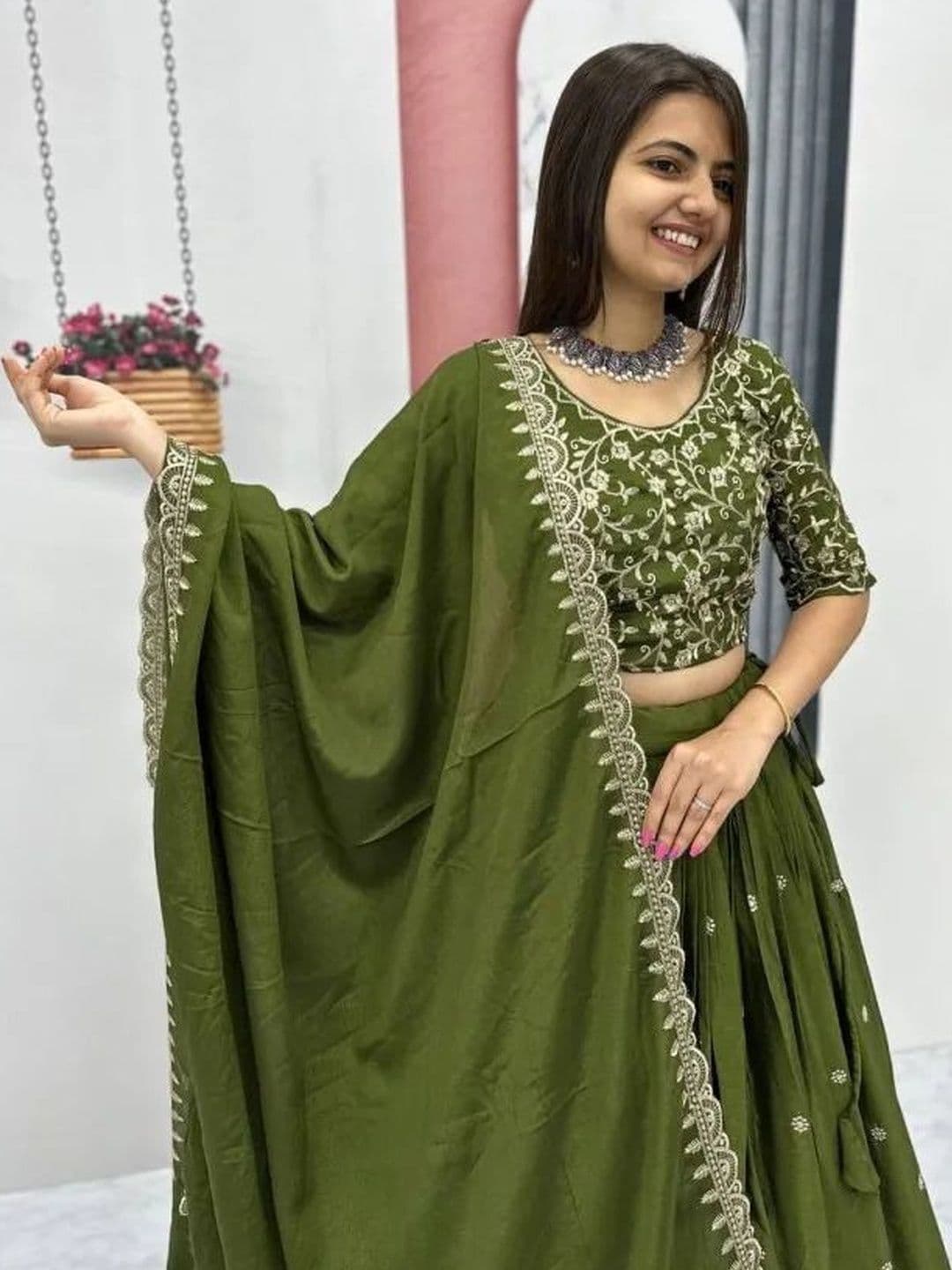 all about you Embroidered Thread Work Ready to Wear Lehenga & Unstitched Blouse With Dupatta thumbnail 3