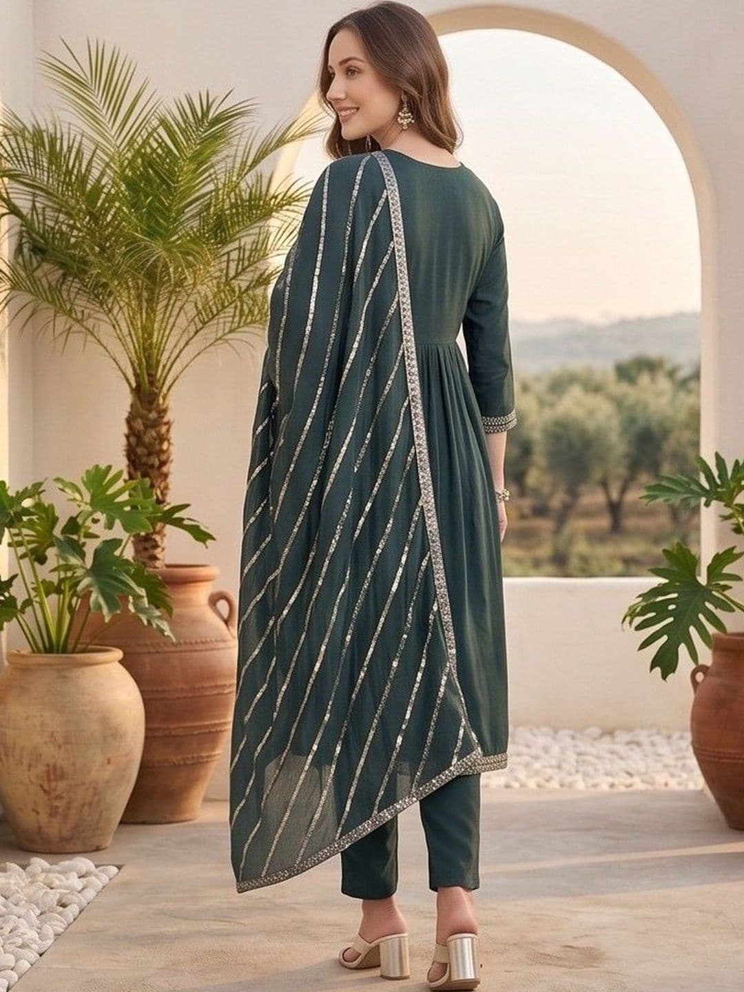 Varanga Women Ethnic Motifs Embroidered Tiered Thread Work Kurta with Trousers & With Dupatta thumbnail 4