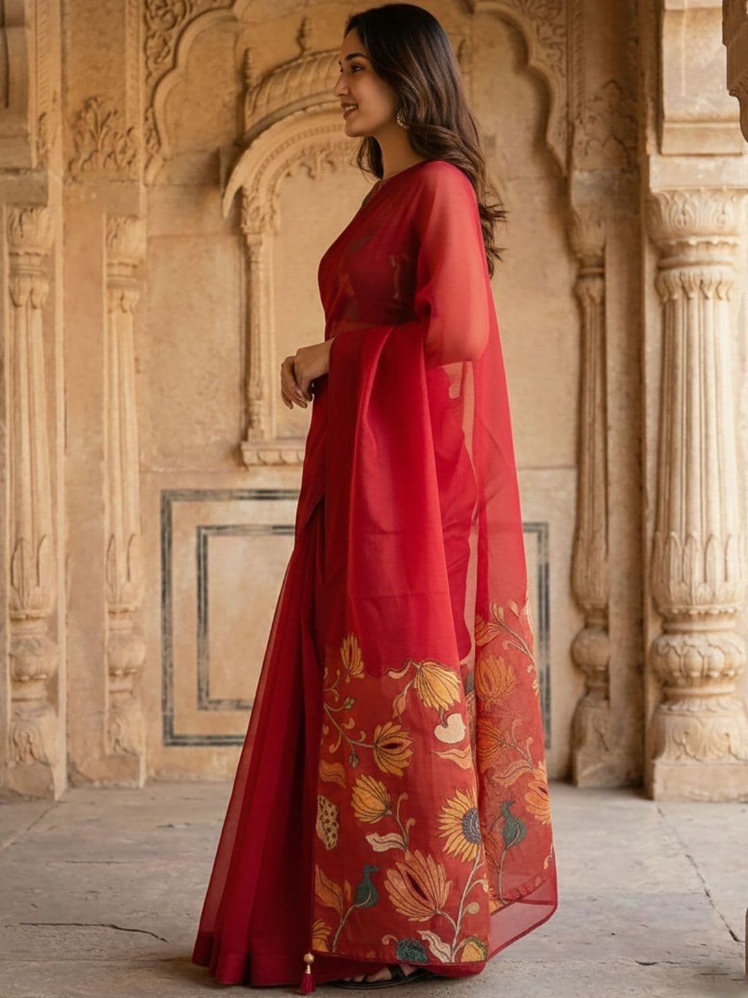 Moda Rapido Floral Linen Blend Handloom Block Print Saree thumbnail 5