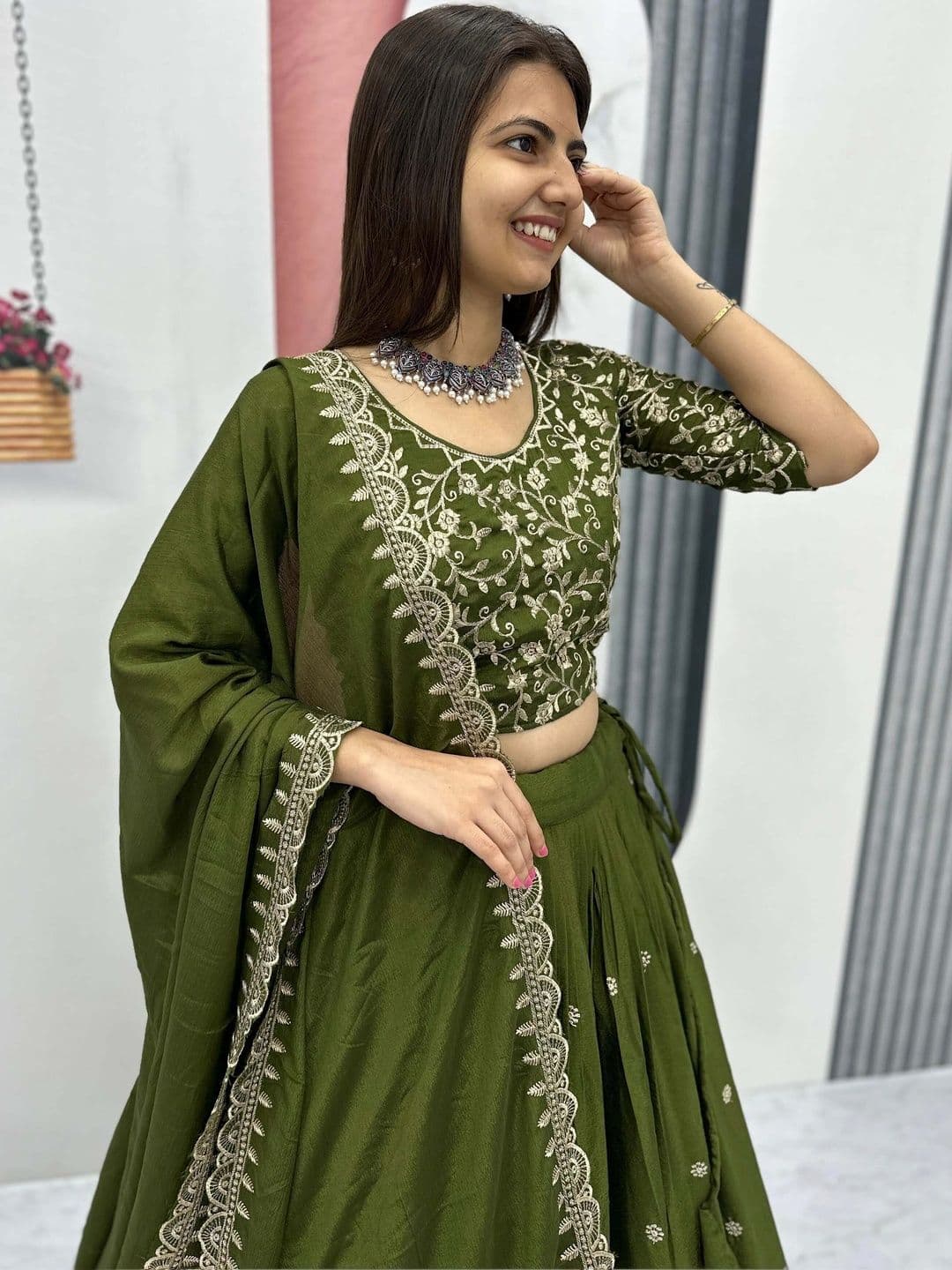 all about you Embroidered Thread Work Semi-Stitched Lehenga & Blouse With Dupatta thumbnail 2