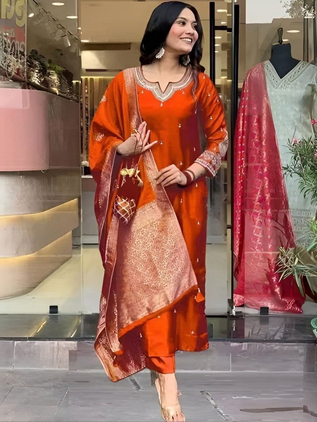 HERE&NOW Women Ethnic Motifs Embroidered Regular Thread Work Kurta with Trousers & With Dupatta thumbnail 2
