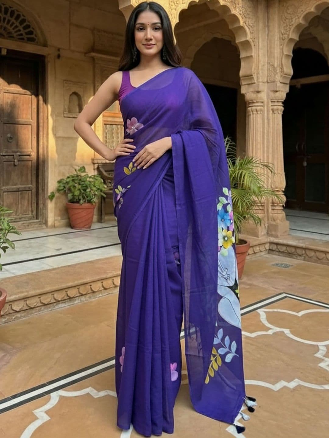 Moda Rapido Floral Linen Blend Handloom Block Print Saree thumbnail 3