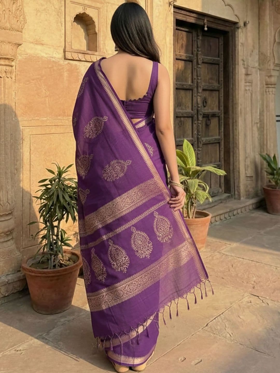 Moda Rapido Ethnic Motifs Linen Blend Handloom Block Print Saree thumbnail 4