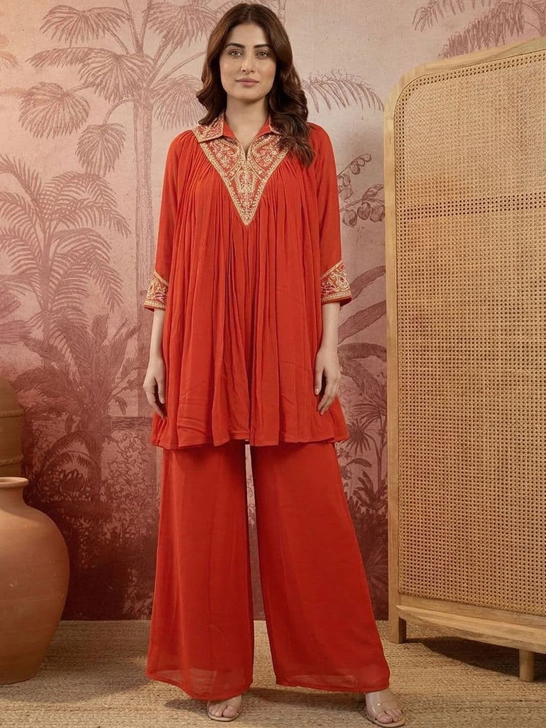 Sangria Embroidered Mandarin Collar Kurta & Palazzos - view 1