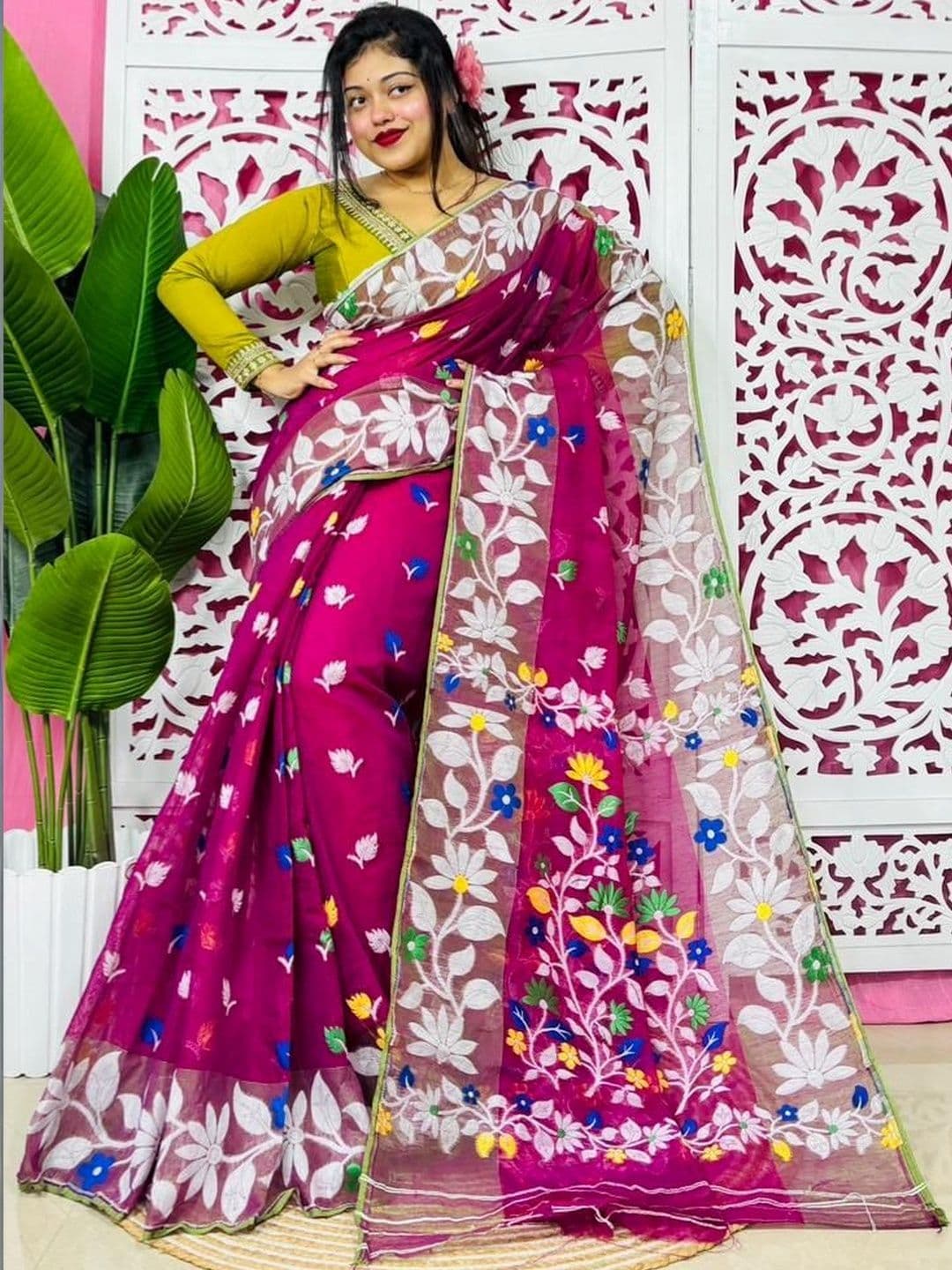 Rnn Saree Floral Embroidered Silk Cotton Handloom Jamdani Sarees thumbnail 4