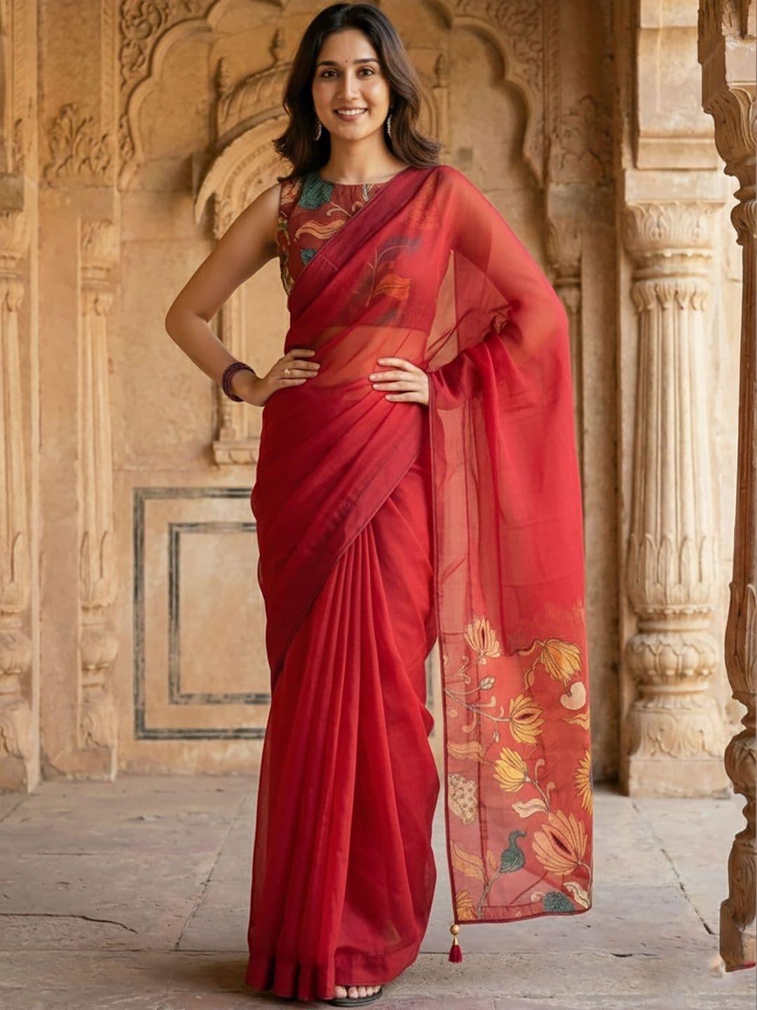 Moda Rapido Floral Linen Blend Handloom Block Print Saree thumbnail 4