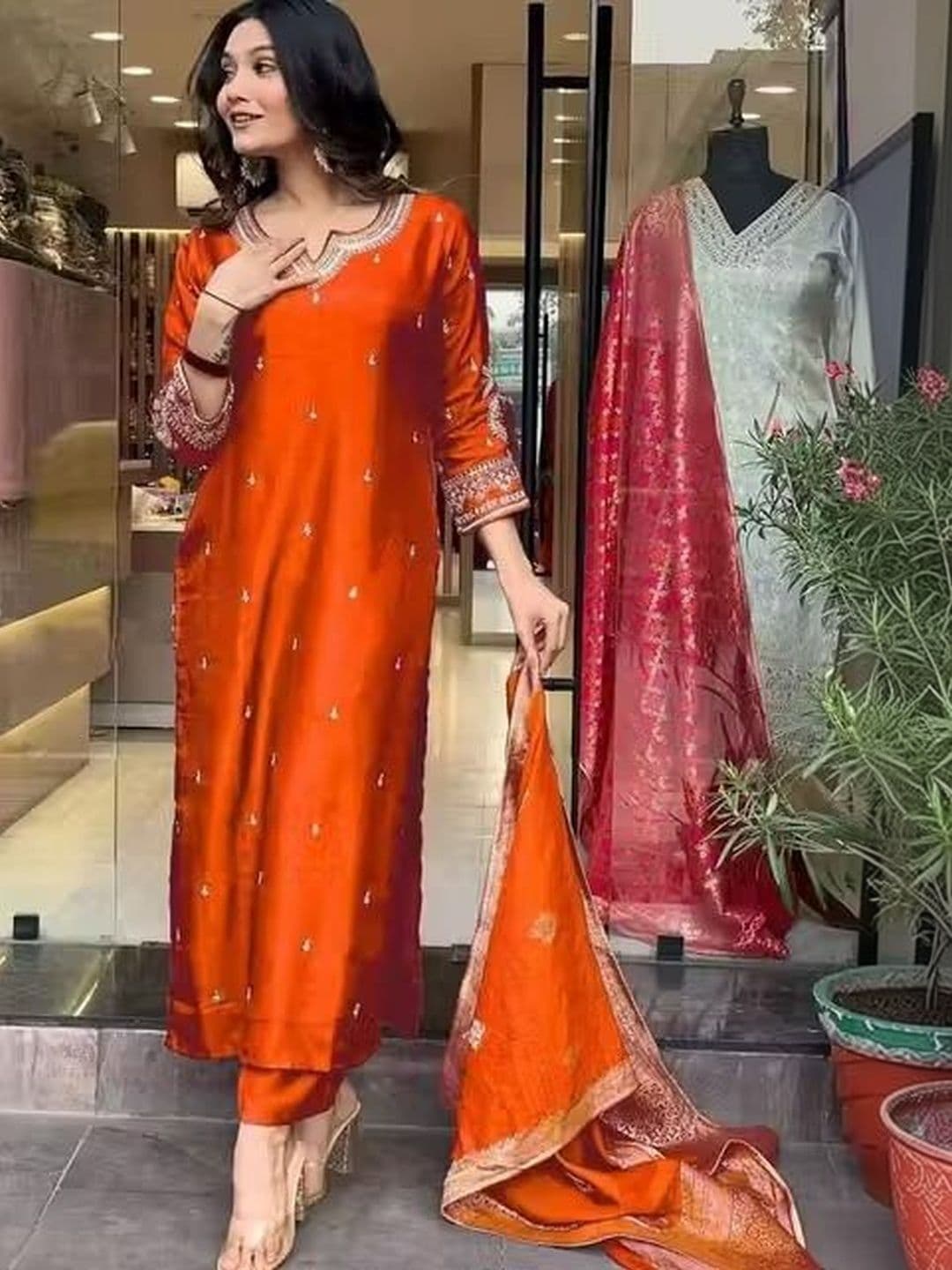 HERE&NOW Women Ethnic Motifs Embroidered Regular Thread Work Kurta with Trousers & With Dupatta - view 1