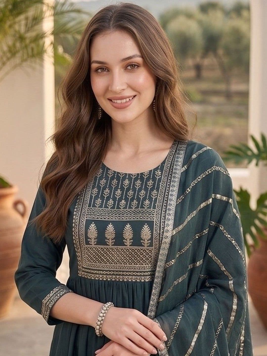 Varanga Women Ethnic Motifs Embroidered Tiered Thread Work Kurta with Trousers & With Dupatta thumbnail 5