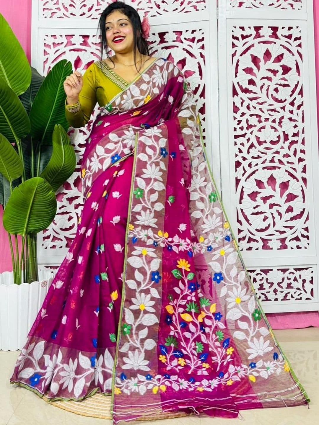 Rnn Saree Floral Embroidered Silk Cotton Handloom Jamdani Sarees thumbnail 3