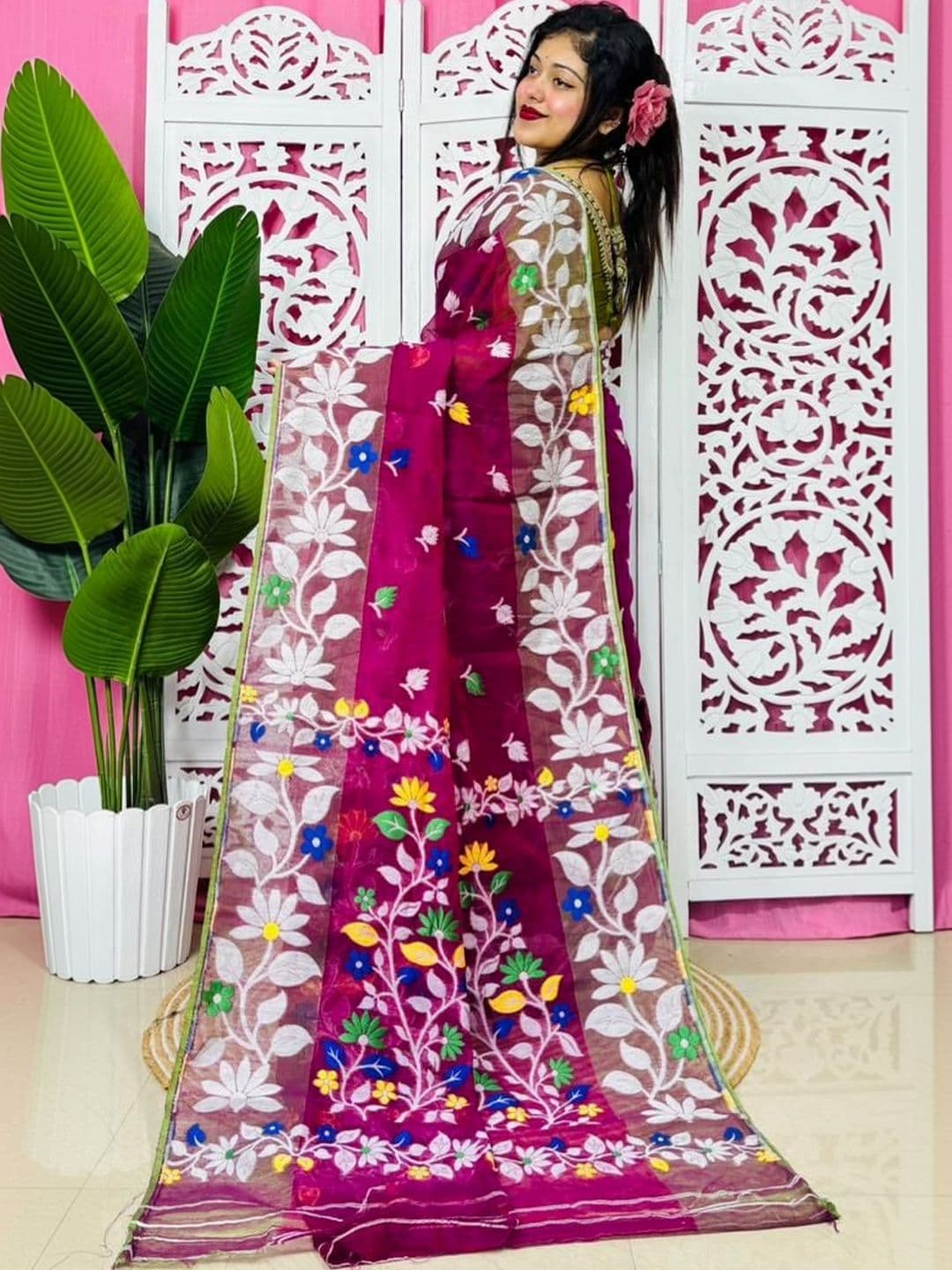 Rnn Saree Floral Embroidered Silk Cotton Handloom Jamdani Sarees - view 1