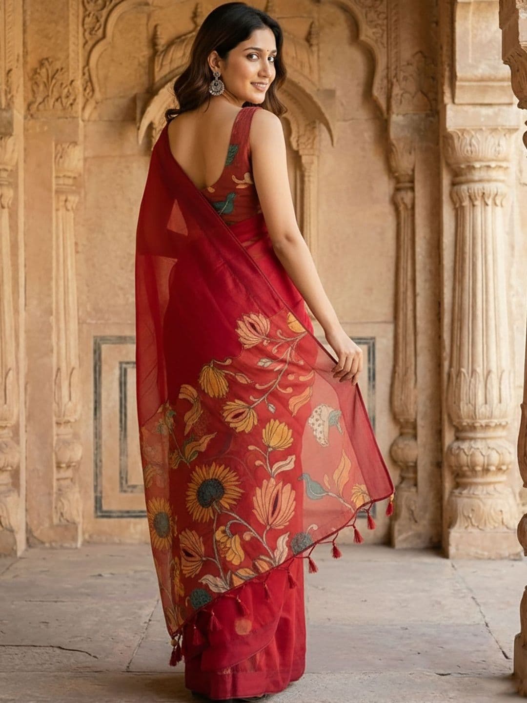 Moda Rapido Floral Linen Blend Handloom Block Print Saree thumbnail 2