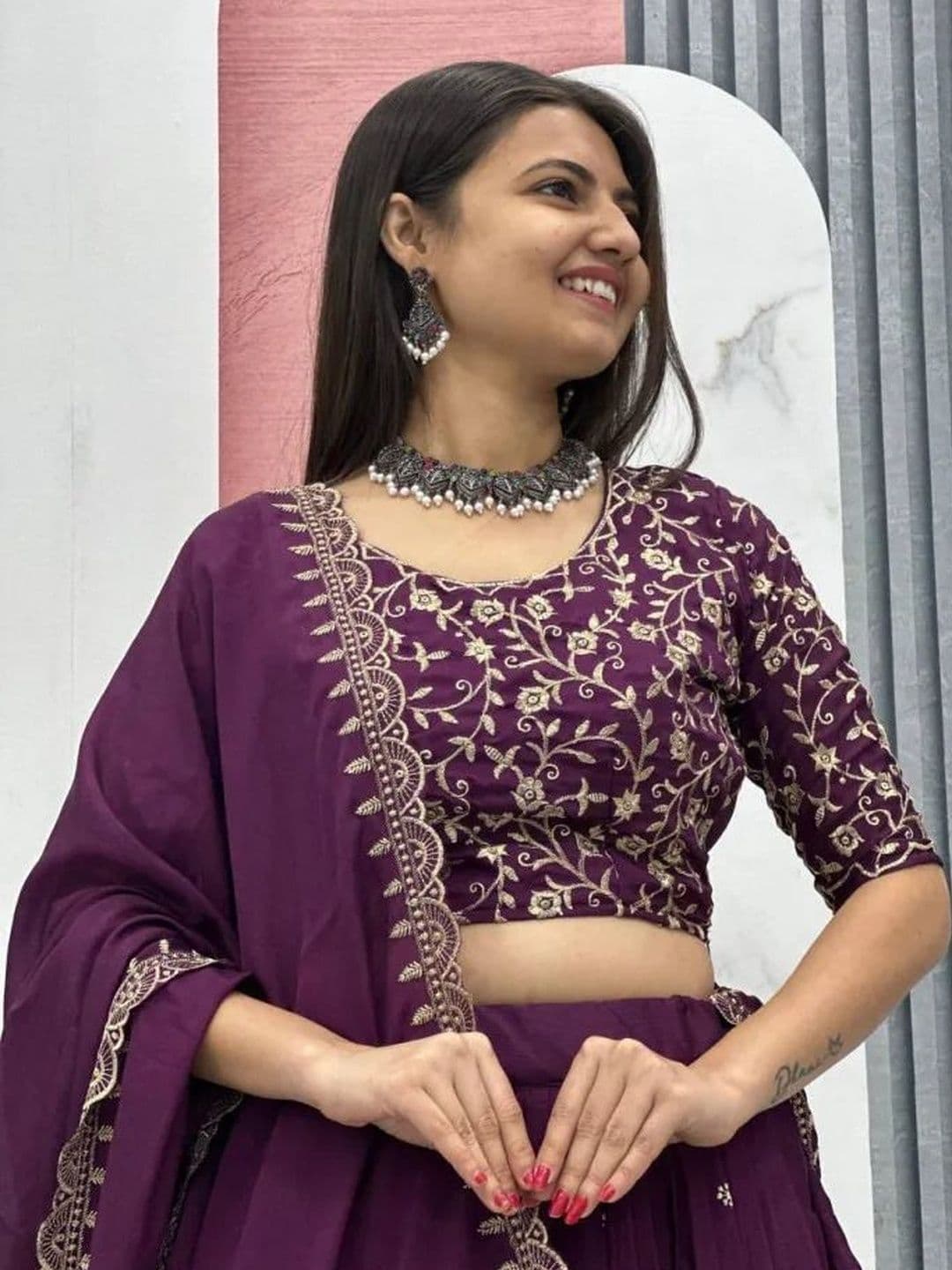 all about you Embroidered Thread Work Semi-Stitched Lehenga & Blouse With Dupatta thumbnail 3