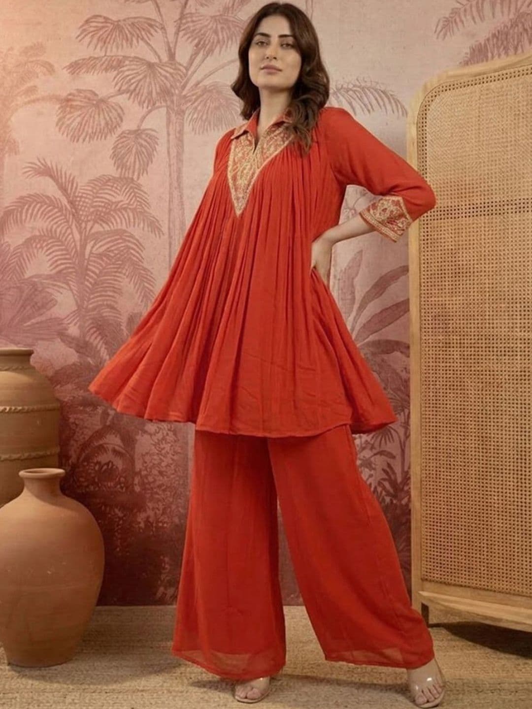 Sangria Embroidered Mandarin Collar Kurta & Palazzos thumbnail 2