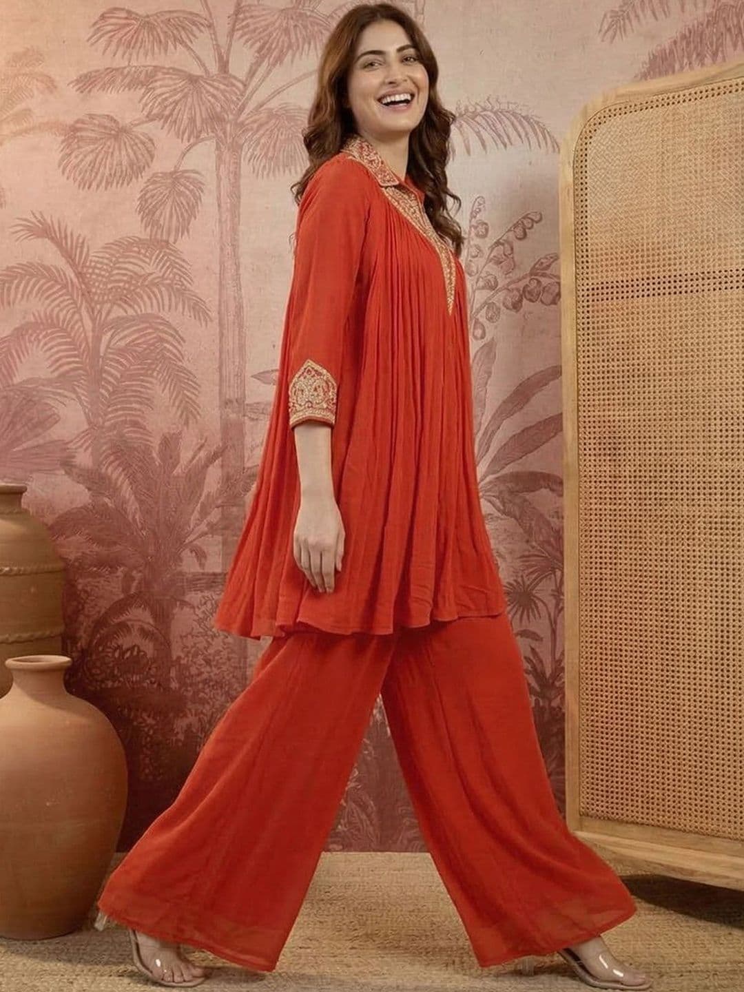 Sangria Embroidered Mandarin Collar Kurta & Palazzos thumbnail 5