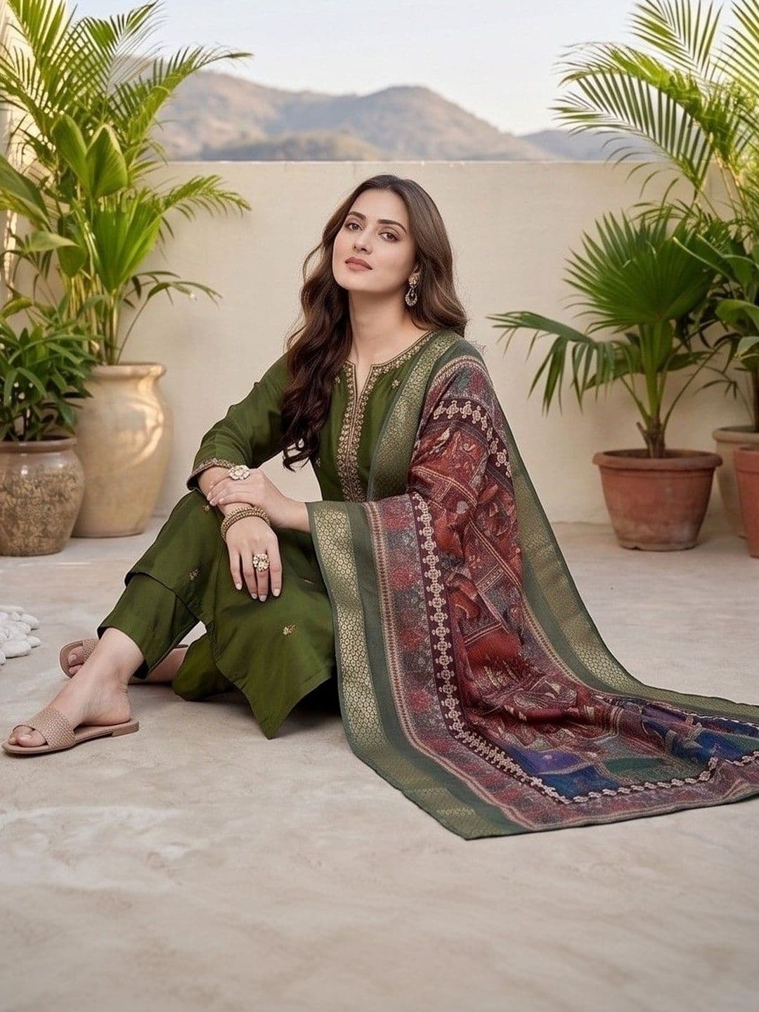 Varanga Women Ethnic Motifs Embroidered Regular Thread Work Kurta with Trousers & With Dupatta - view 1