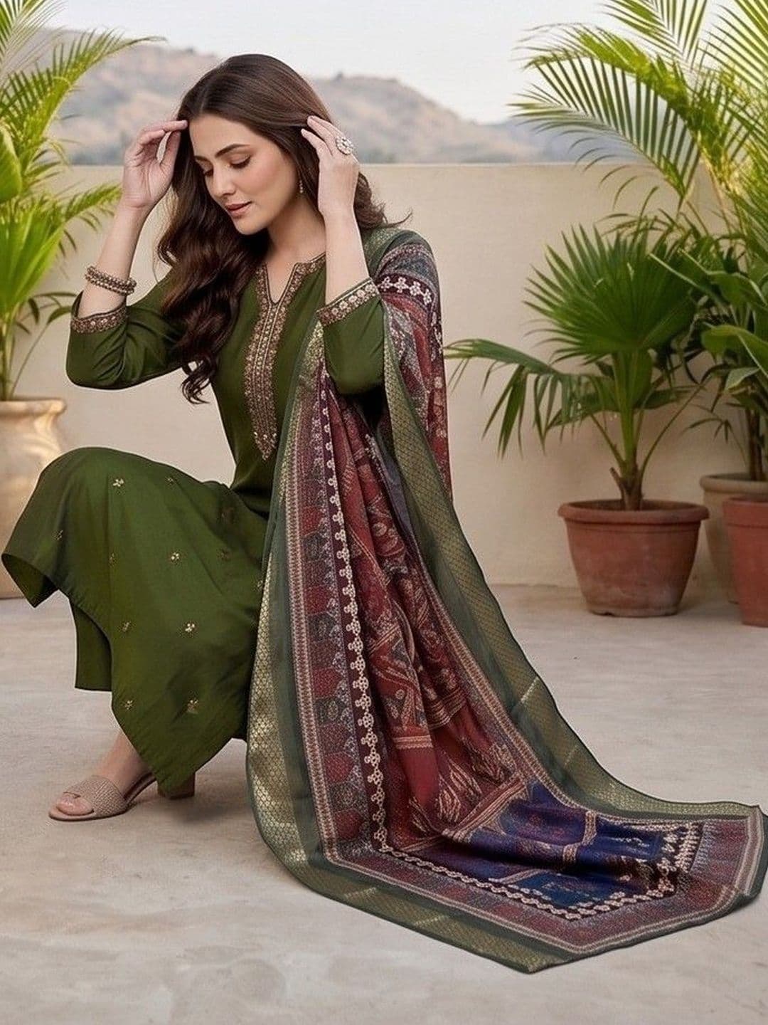 Varanga Women Ethnic Motifs Embroidered Regular Thread Work Kurta with Trousers & With Dupatta thumbnail 3