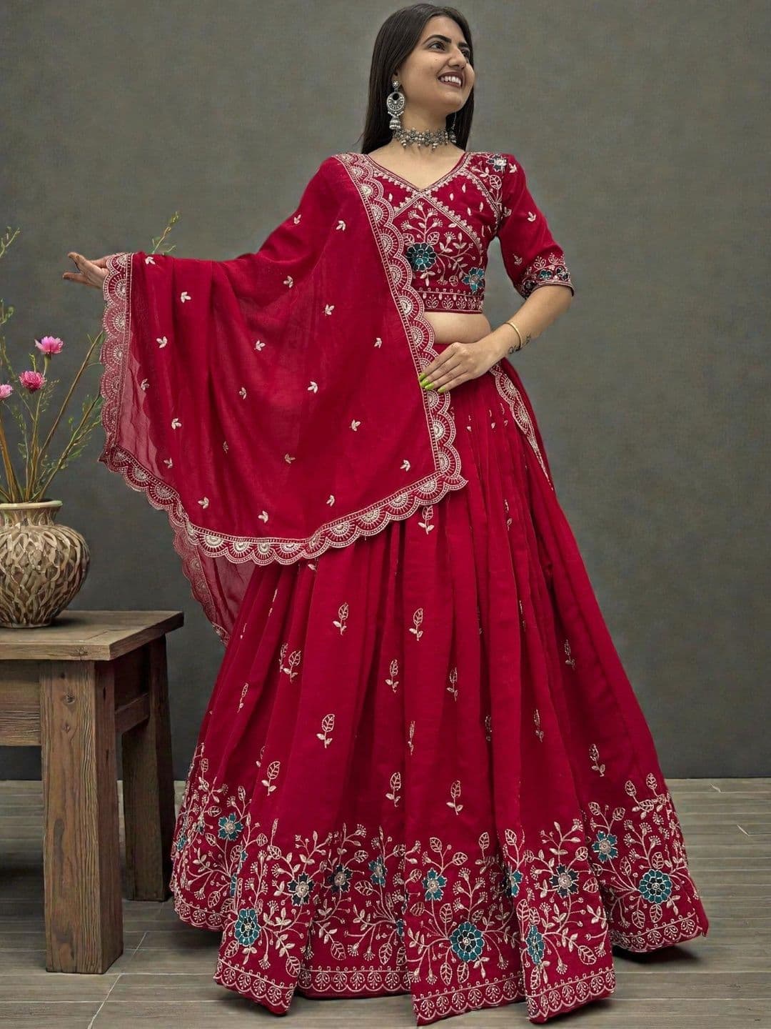 all about you Embroidered Thread Work Semi-Stitched Lehenga & Blouse With Dupatta thumbnail 3