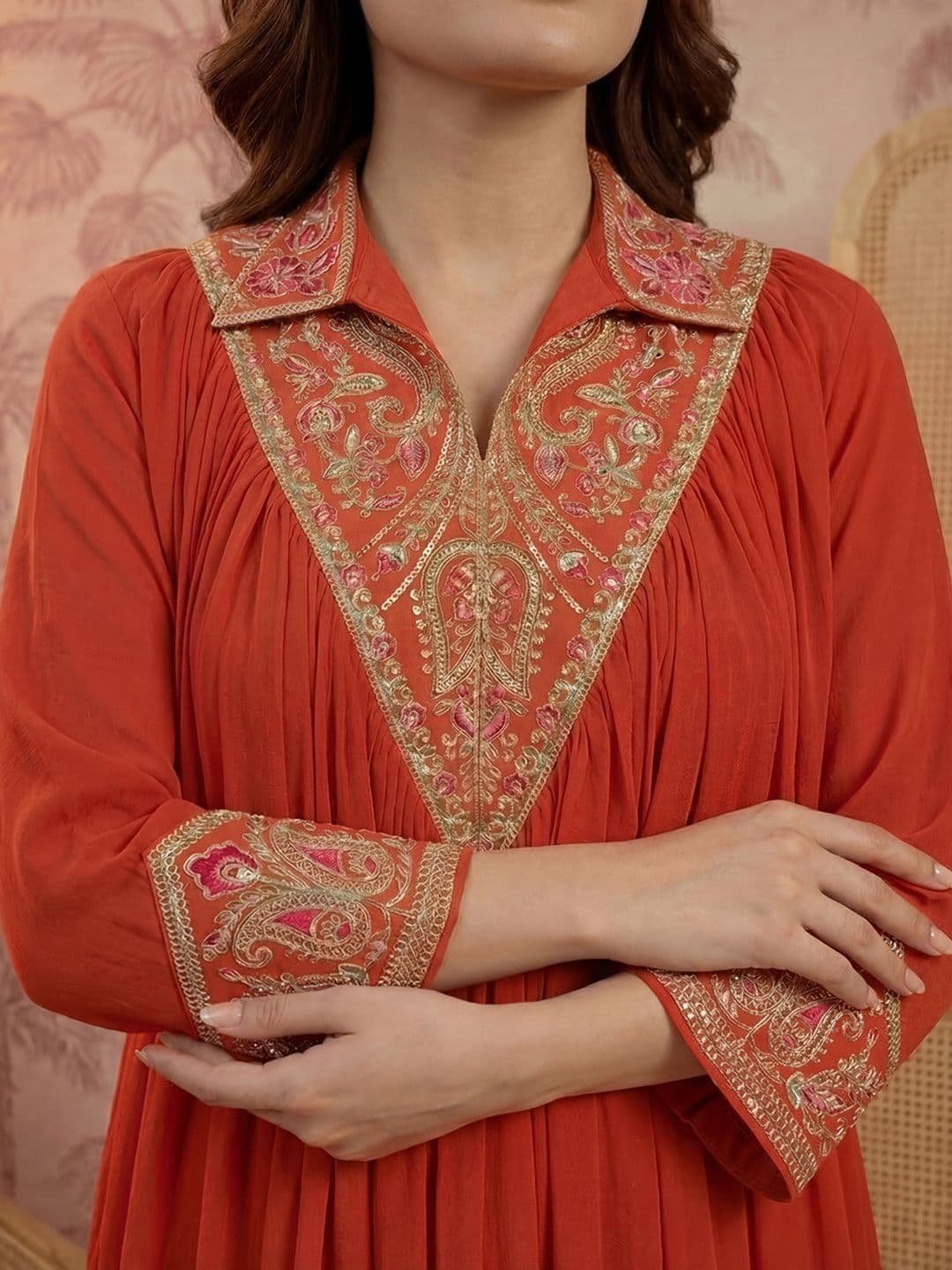 Sangria Embroidered Mandarin Collar Kurta & Palazzos thumbnail 3
