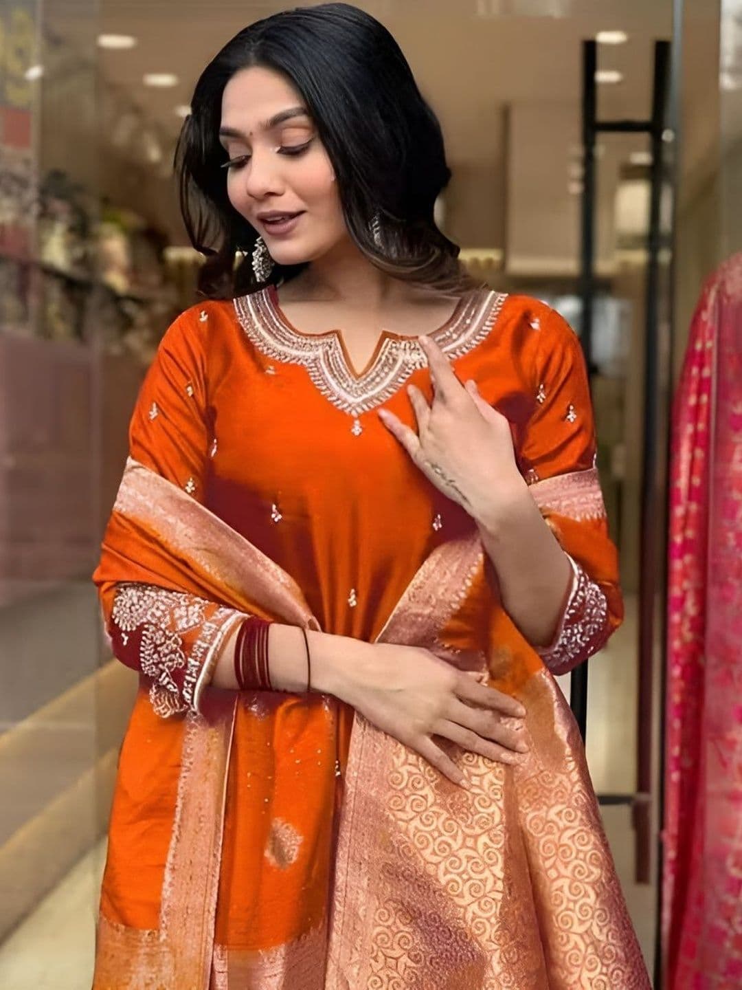 HERE&NOW Women Ethnic Motifs Embroidered Regular Thread Work Kurta with Trousers & With Dupatta thumbnail 4