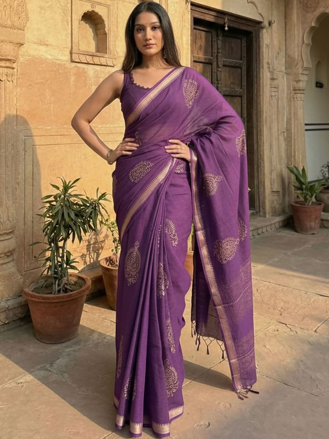 Moda Rapido Ethnic Motifs Linen Blend Handloom Block Print Saree thumbnail 3